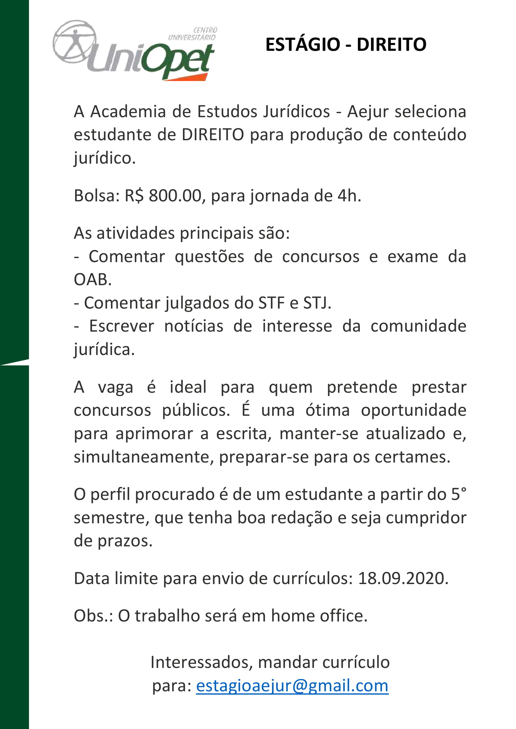 Oportunidade de Estágio – Direito Migratório – Graduação em Direito